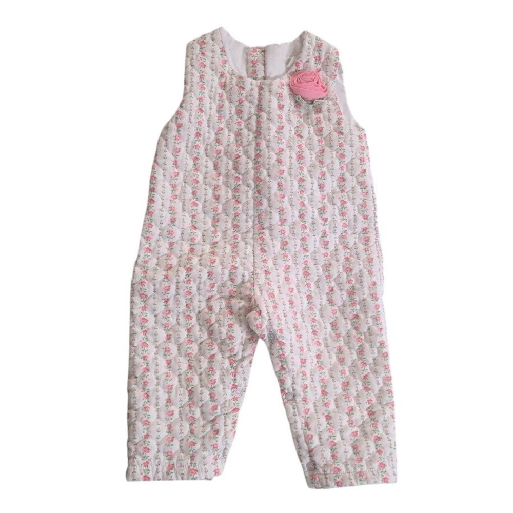 Vintage Quilted Floral Jumpsuit Pink Rose Rosette Sleeveless Romper Baby Girls